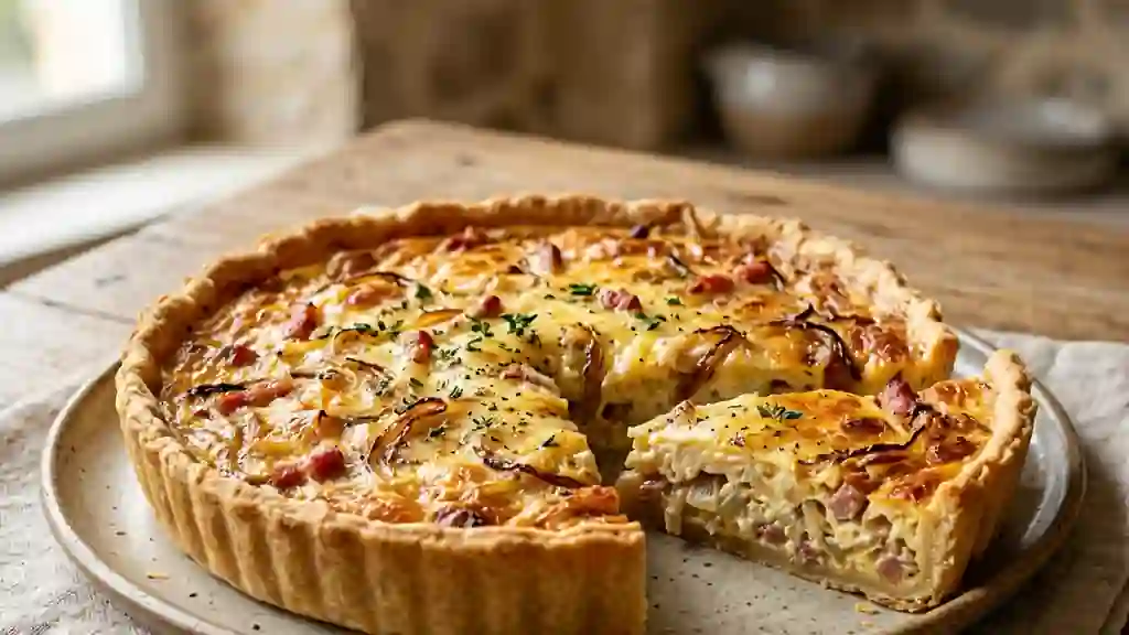 Quiche crémeuse aux oignons et lardons fumés - Photo de présentation