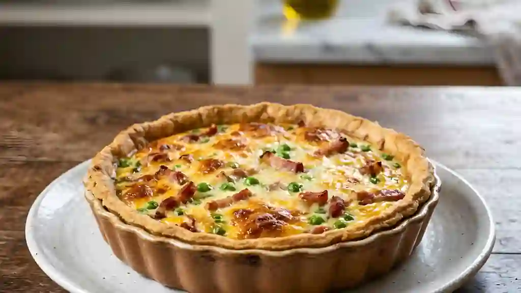 Quiche fondante aux lardons et petits pois - Photo de présentation