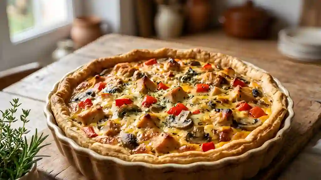 Quiche fondante poulet, poivrons et champignons - Photo de présentation