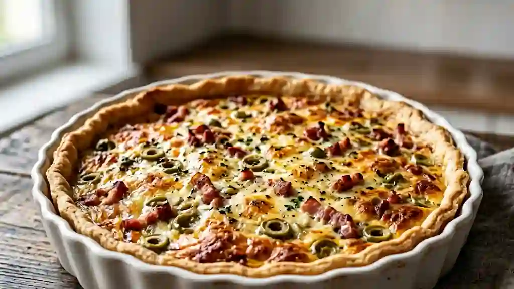 Quiche dorée lardons fumés et olives vertes - Photo de présentation