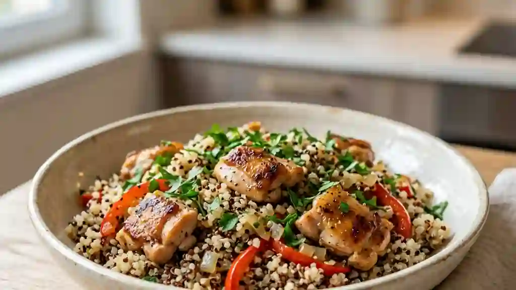 Quinoa perlé au poulet doré et poivrons - Photo de présentation