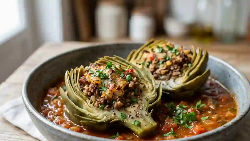 Artichauts fondants farcis au bœuf et tomate - Photo de présentation