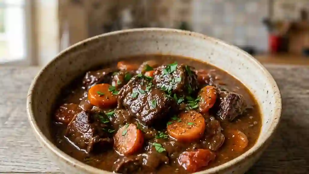 Ragoût de bœuf fondant au vin rouge corsé - Photo de présentation