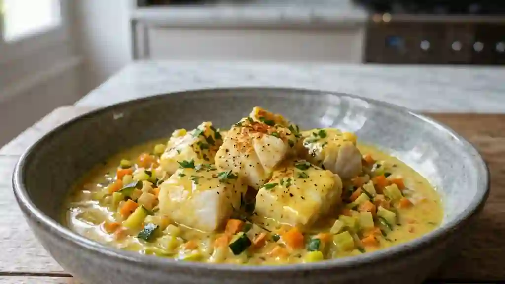 Ragoût de colin onctueux au curry et vin blanc - Photo de présentation