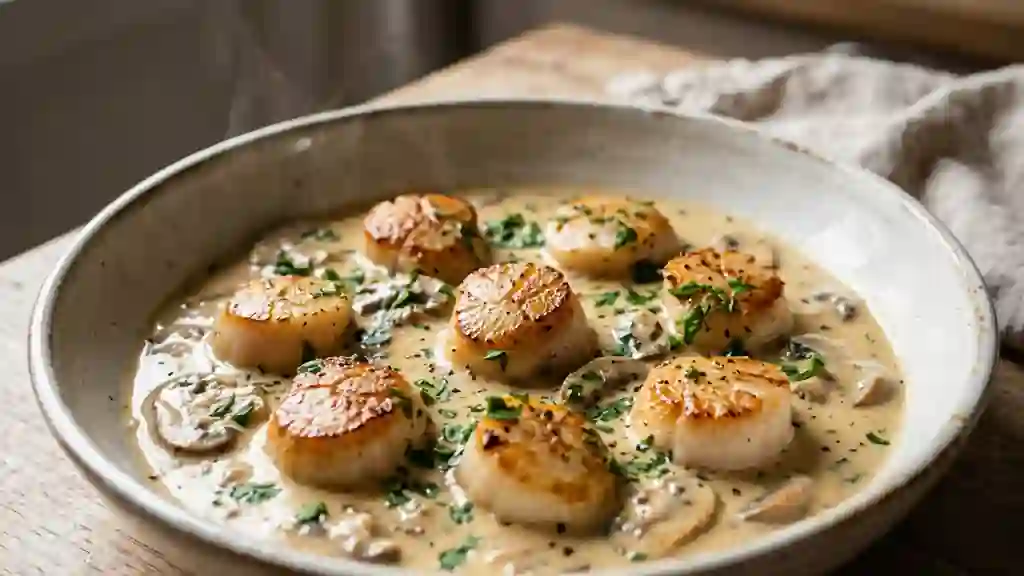 Poêlée de Saint-Jacques crème et champignons - Photo de présentation