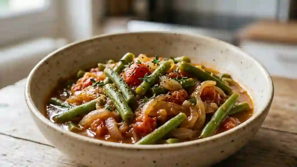 Haricots verts fondants à la tomate et thym - Photo de présentation