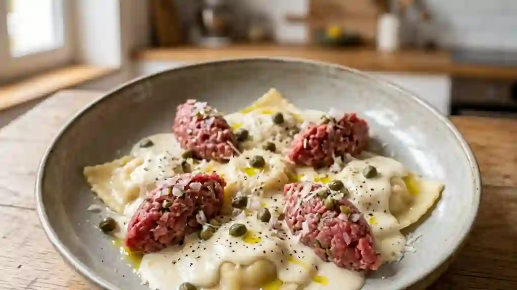 Ravioles fondantes au tartare et crème parmesan - Photo de présentation