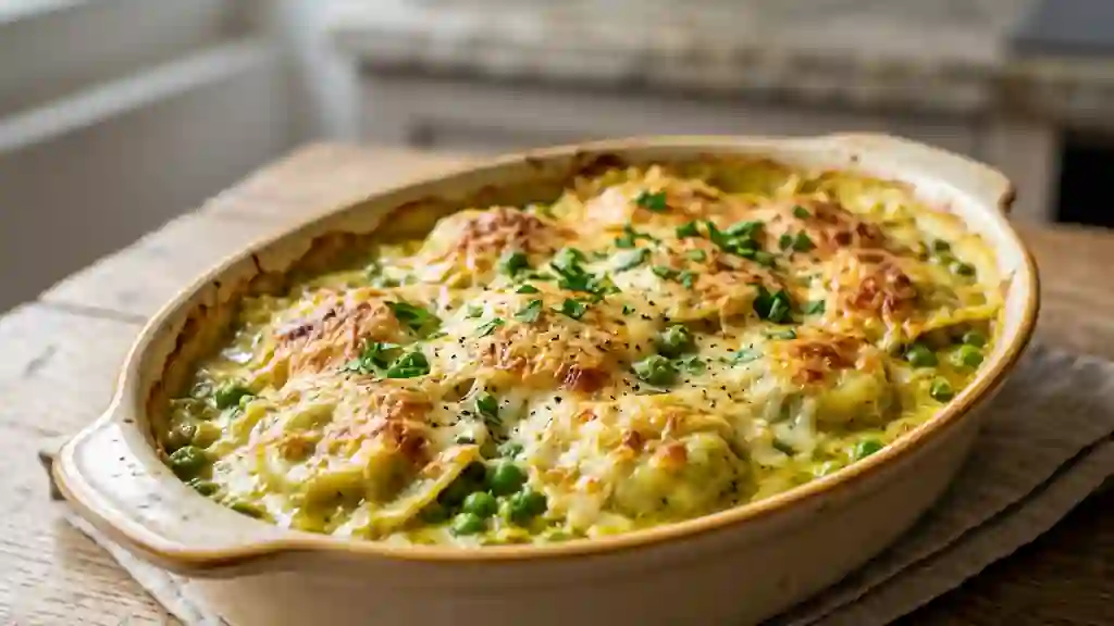 Raviolis gratinés à la crème de curry et pois - Photo de présentation