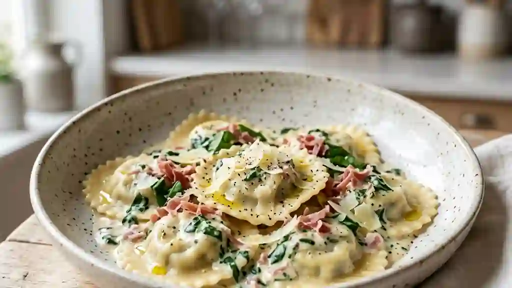 Raviolis onctueux mascarpone, jambon et épinards - Photo de présentation