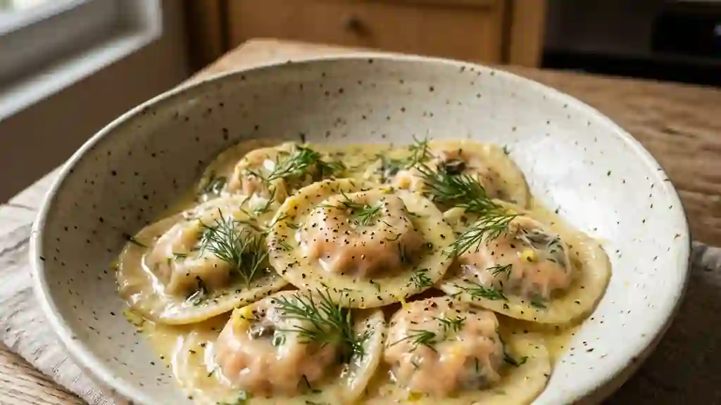 Raviolis fondants au saumon et champignons frais - Photo de présentation
