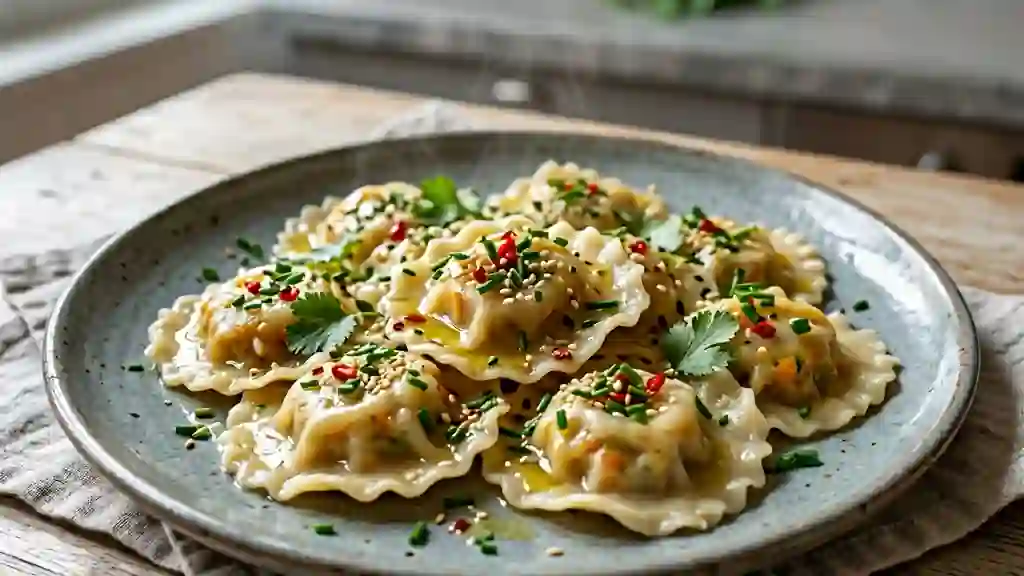 Raviolis soyeux au tofu et légumes sautés - Photo de présentation
