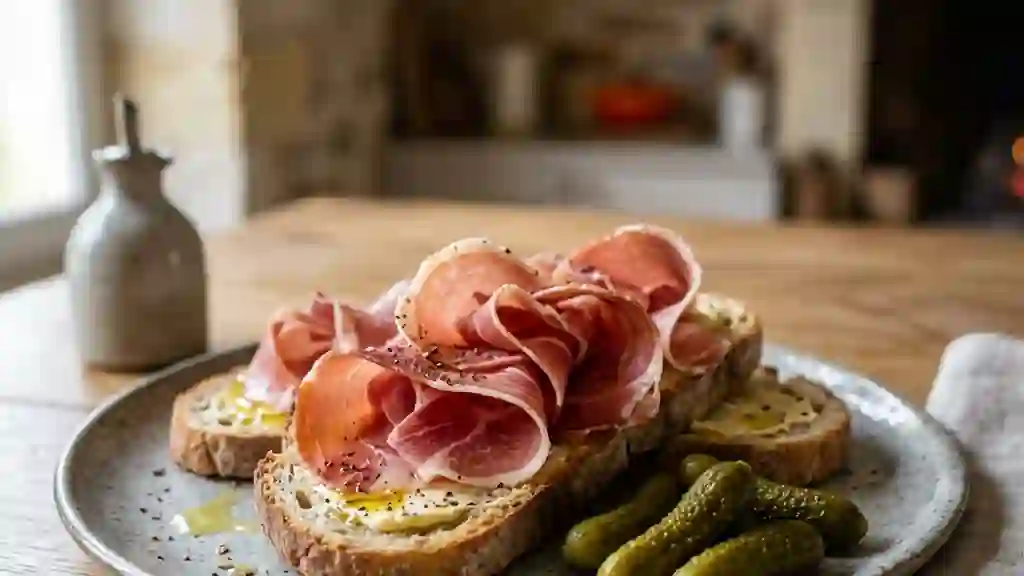 Tartine de jambon cru, beurre et cornichons - Photo de présentation