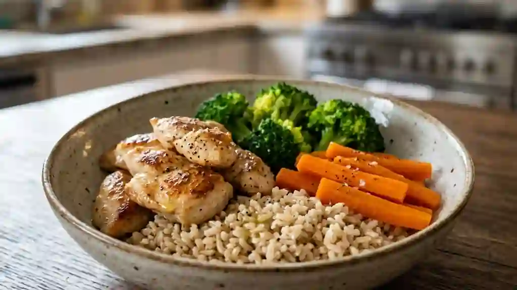 Poulet sauté au riz complet et brocolis - Photo de présentation