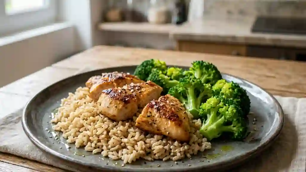 Bowl de riz complet, poulet juteux et brocoli - Photo de présentation