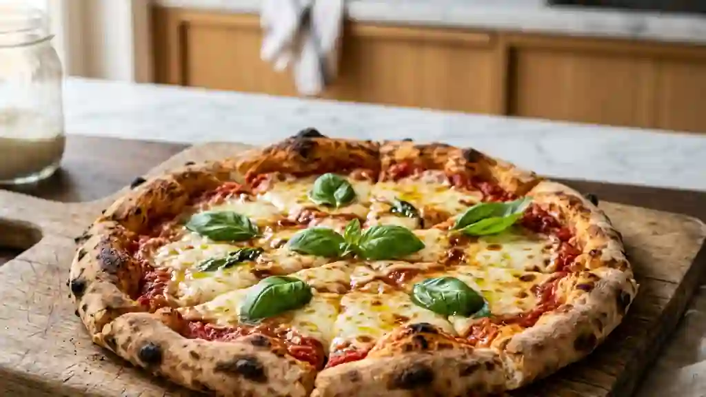 Pizza Margherita croustillante au basilic frais - Photo de présentation
