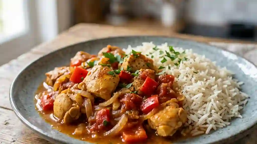 Poulet fondant aux poivrons et riz au paprika - Photo de présentation
