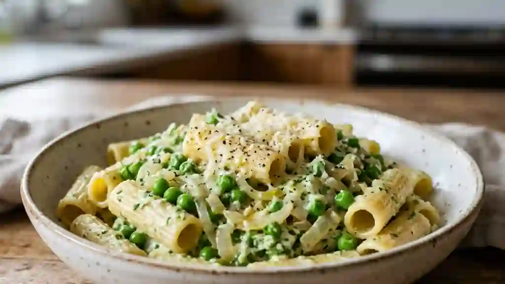Rigatoni crémeux aux petits pois et ricotta - Photo de présentation
