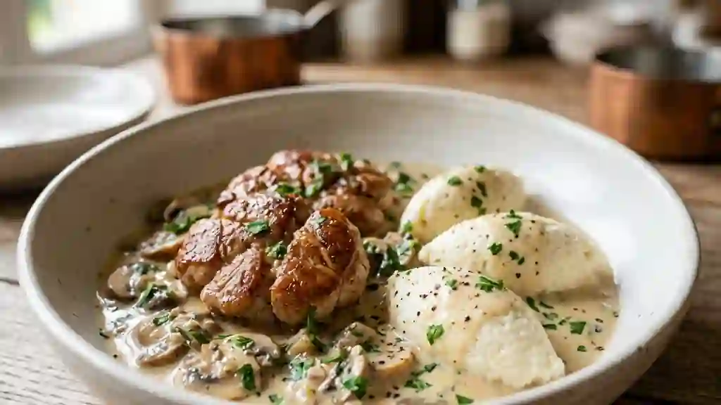 Ris de veau crémeux aux champignons et quenelles - Photo de présentation
