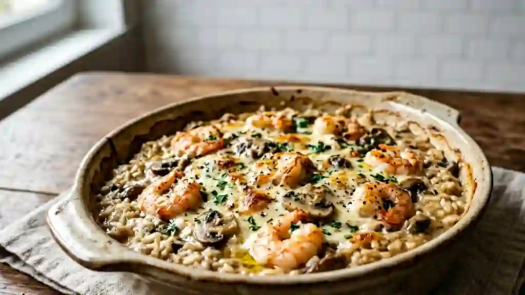 Risotto Crémeux au Four, Crevettes et Champignons - Photo de présentation
