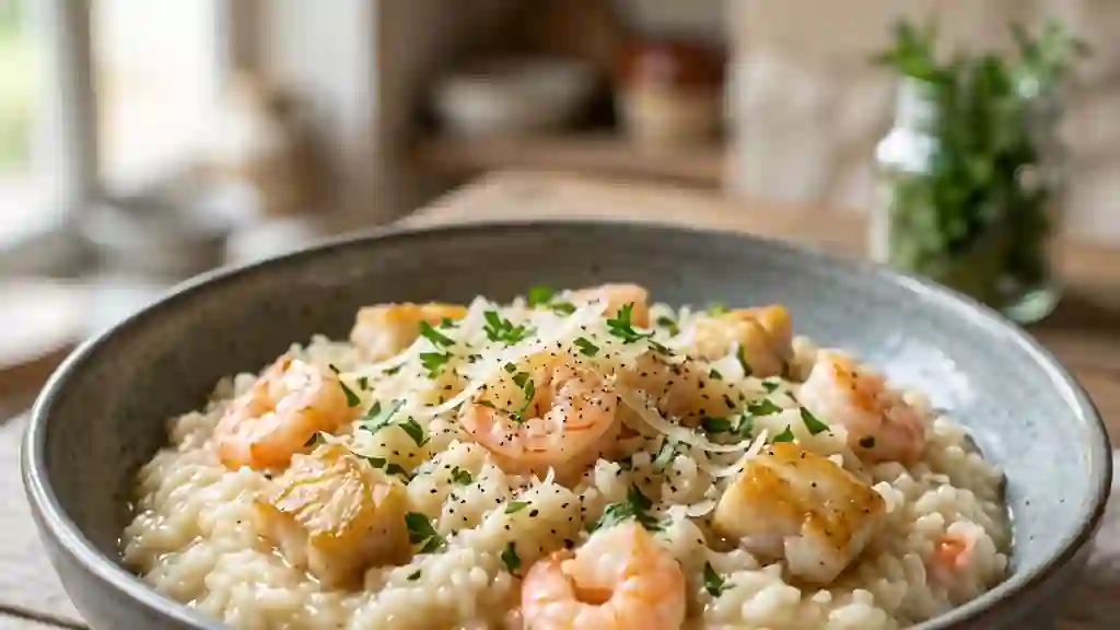 Risotto onctueux au merlan et crevettes - Photo de présentation