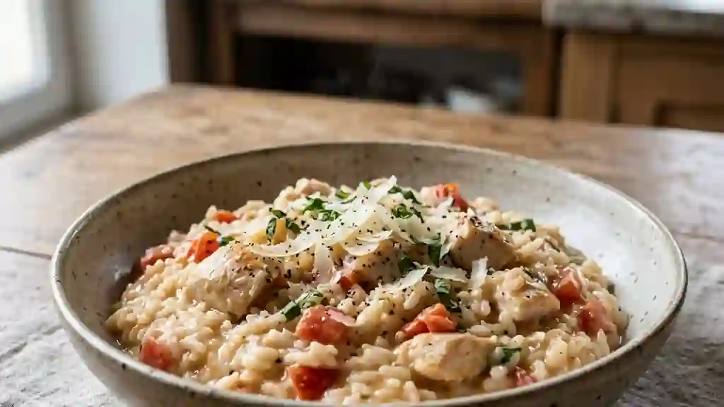 Risotto fondant au poulet et tomates juteuses - Photo de présentation