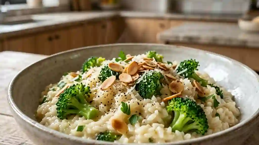 Risotto fondant brocoli et amandes croquantes - Photo de présentation