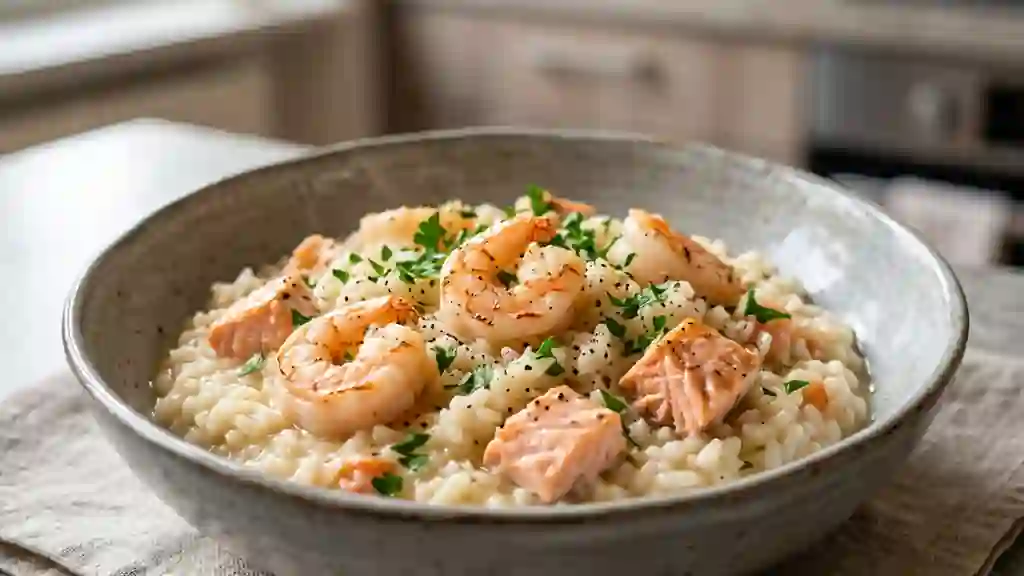 Risotto onctueux aux crevettes et saumon - Photo de présentation
