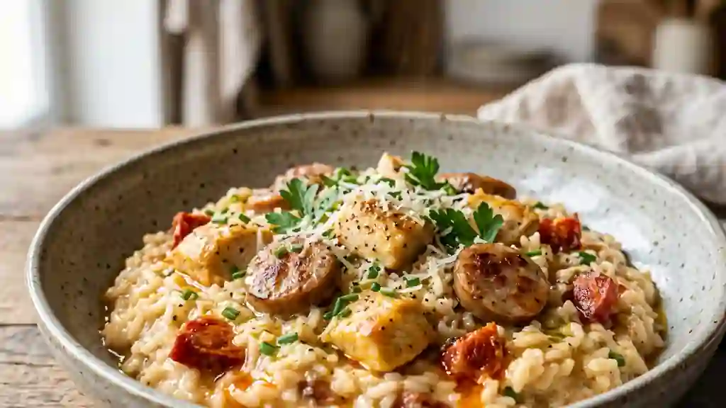 Risotto fondant au poulet et chorizo fumé - Photo de présentation