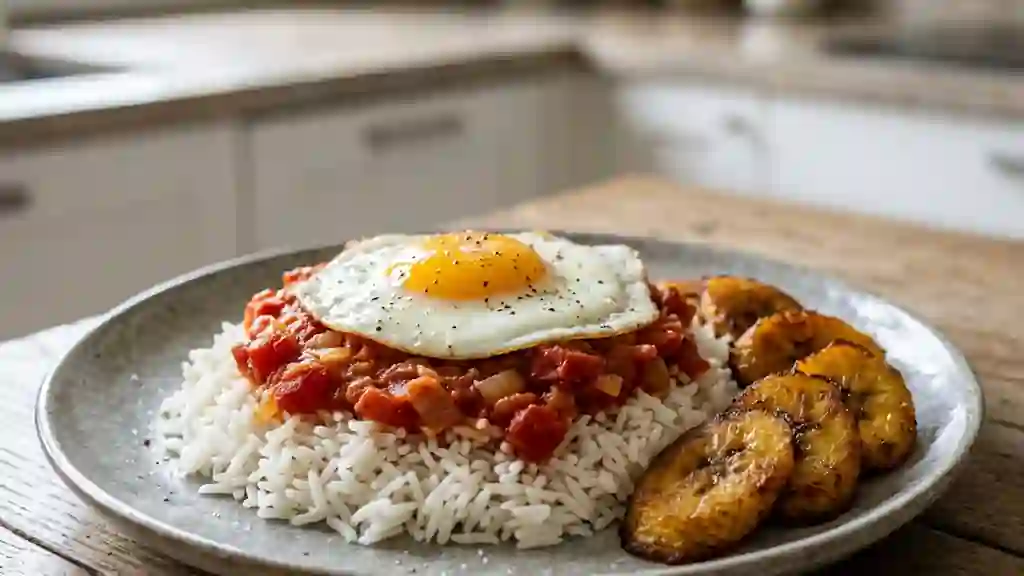 Riz cubain, plantain doré et œuf coulant - Photo de présentation