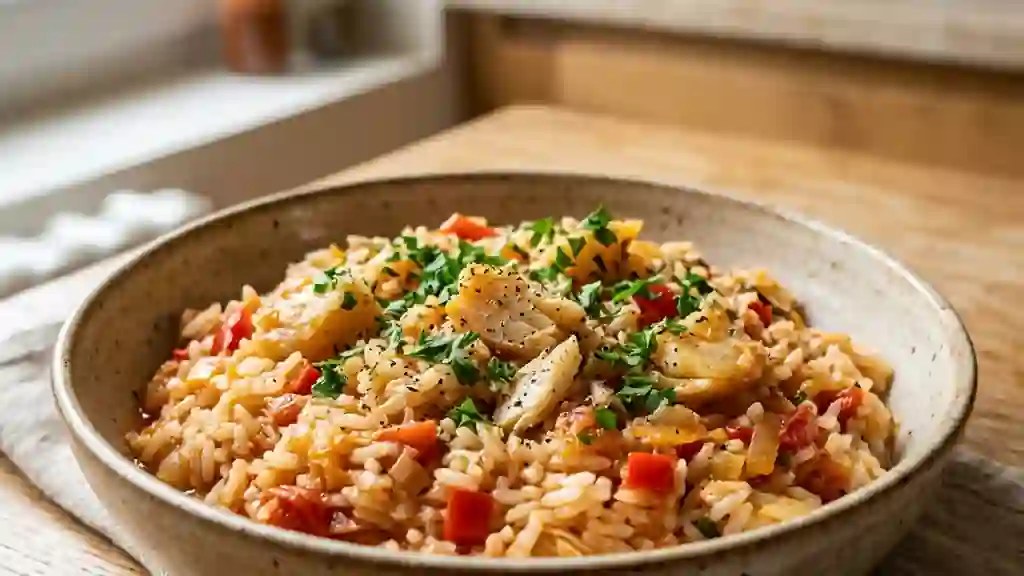 Riz moelleux à la morue et poivrons rouges - Photo de présentation