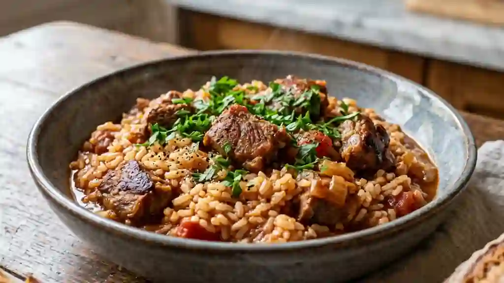 Riz fondant au mouton et tomates juteuses - Photo de présentation