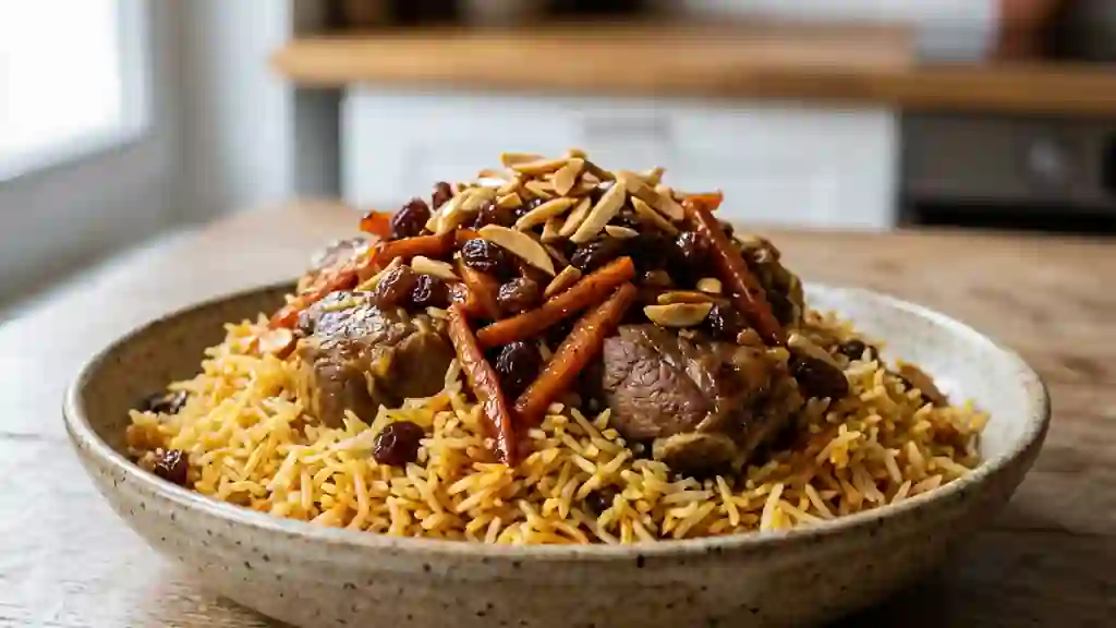 Qabeli : Riz afghan fondant à l'agneau épicé - Photo de présentation