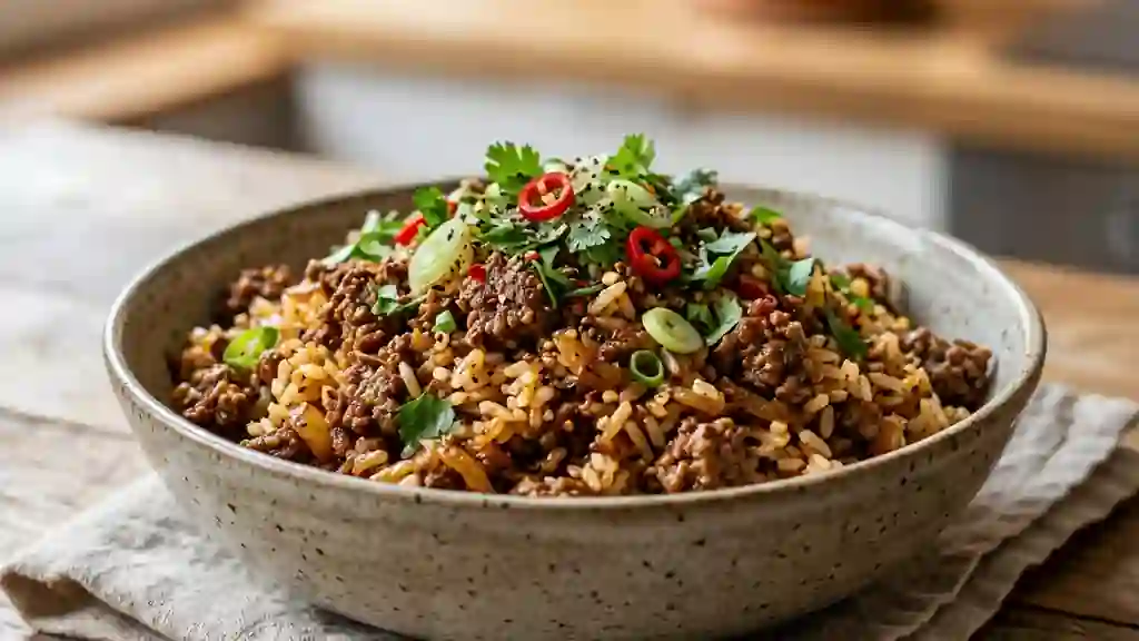 Riz au bœuf sauté et épices fumées - Photo de présentation