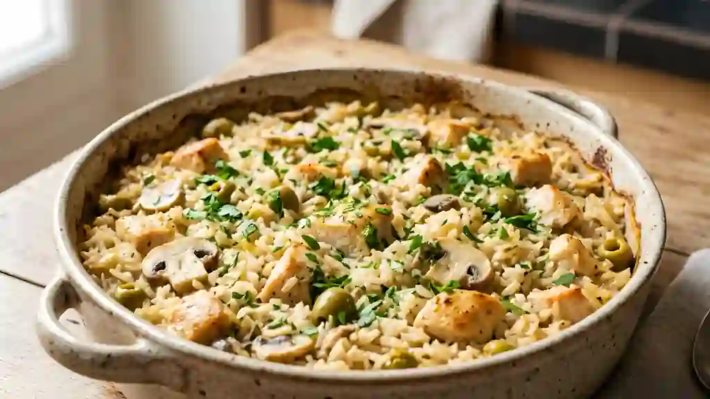 Riz au four doré, poulet et olives - Photo de présentation