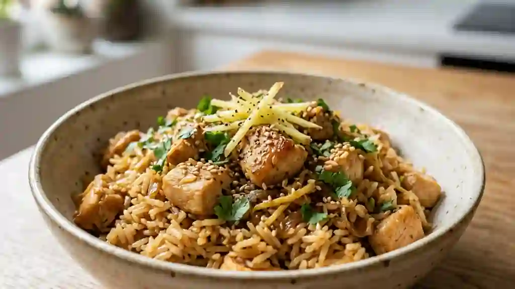 Riz sauté au poulet et gingembre frais - Photo de présentation