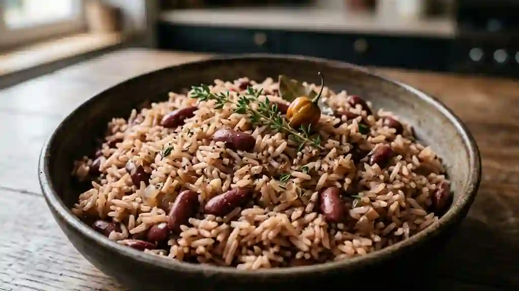 Riz jamaïcain crémeux au lait de coco et pois - Photo de présentation