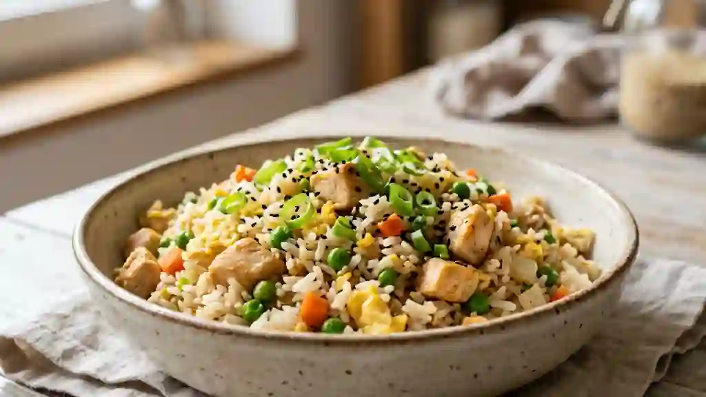 Riz cantonais au poulet doré et fondant - Photo de présentation