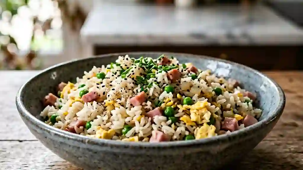 Riz cantonais sauté et petits pois croquants - Photo de présentation