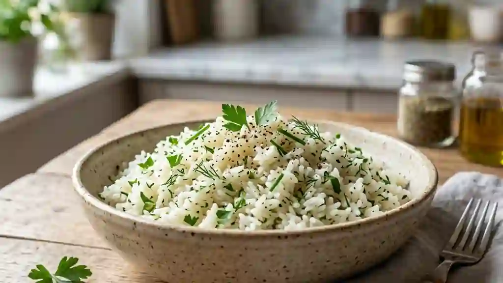 Riz fondant au beurre et herbes fraîches - Photo de présentation