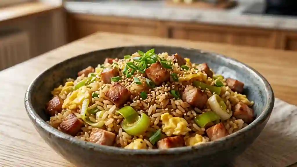 Riz sauté au porc et poireaux croquants - Photo de présentation