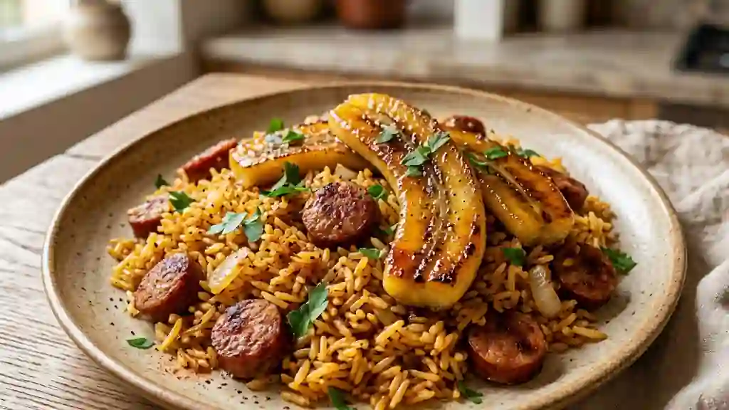 Riz grillé merguez et bananes fondantes - Photo de présentation