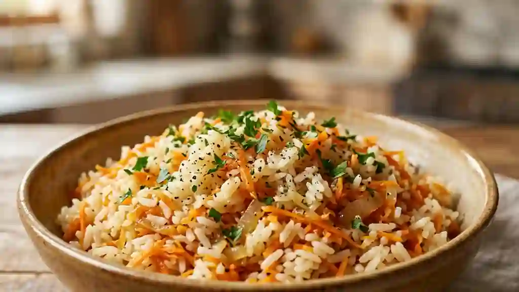Riz fondant aux carottes et oignons dorés - Photo de présentation