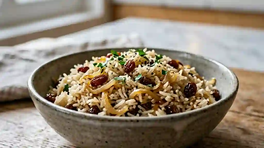 Riz pilaf fondant aux oignons et raisins secs - Photo de présentation