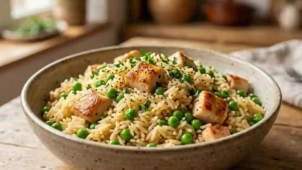Riz pilaf au poulet tendre et petits pois - Photo de présentation
