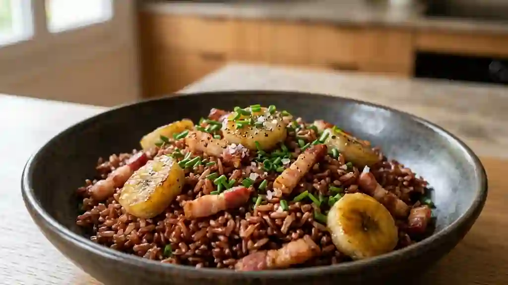 Riz rouge croquant au lard et bananes fondues - Photo de présentation