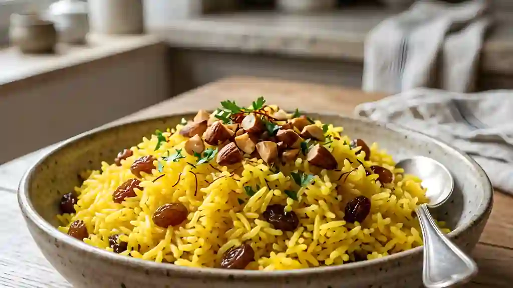 Riz safrané aux amandes et raisins - Photo de présentation