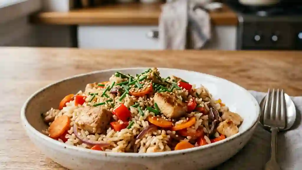 Wok de riz doré à la dinde et petits légumes - Photo de présentation