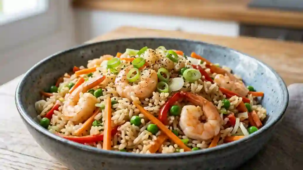 Wok de riz jasmin aux crevettes et légumes - Photo de présentation