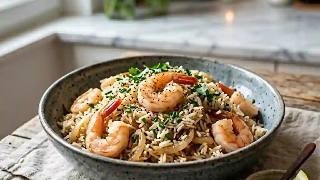 Riz sauté aux crevettes et oignons fondants - Photo de présentation
