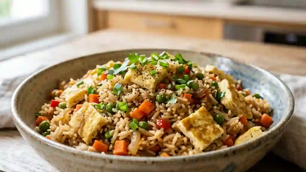 Riz sauté aux petits légumes et omelette fondante - Photo de présentation